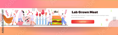 scientists analyzing cultured red raw meat made from animal cells artificial lab grown meat production concept