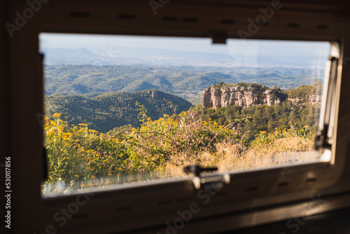landscape of the Montserrat mountains from the window of the motorhome