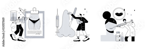 Plastic surgery abstract concept vector illustration set. Liposuction and rhinoplasty, lip injection, body contouring, beauty standard, weight loss, filler cosmetic, hyaluronic acid abstract metaphor.