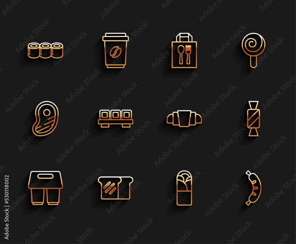 Set line Coffee cup to go, Bread toast, Sushi, Doner kebab, Hotdog, cutting board, Candy and Croissant icon. Vector Set line Coffee cup to go, Bread toast, Sushi, Doner kebab, Hotdog, cutting board, Candy and Croissant icon. Vector