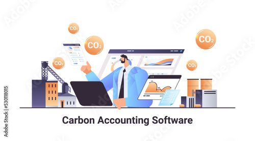 carbon credit accounting software businessman analyzing statistic data graphs responsibility of co2 emission environment strategy