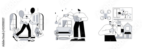 Home for sale abstract concept vector illustration set. Open house, home staging, real estate video tour, floor plan, walk through, private residence, potential buyer, furniture abstract metaphor.