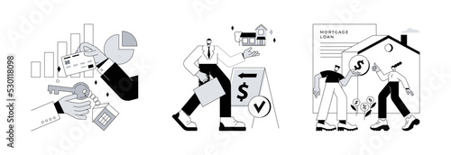 Buying property abstract concept vector illustration set. Property market, real estate agent, mortgage loan, new appartment, property investment, bank credit, down payment, pay off abstract metaphor.