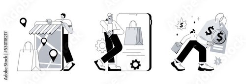 E-commerce website abstract concept vector illustration set. Store locator, product, pricing, website menu bar, find us, service catalog, retail store, online shopping, wishlist abstract metaphor.