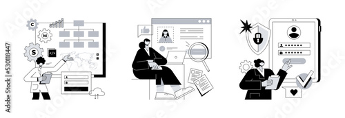 Corporate website abstract concept vector illustration set. Service and careers, registration page, menu bar design, corporate website, create account, user experience and interface abstract metaphor.