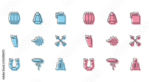 Set line Horseshoe, Lasso, Gun powder barrel, Money bag, Spur, Crossed arrows, Revolver gun in holster and Camping lantern icon. Vector