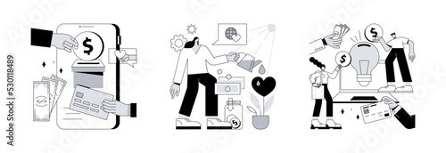 Fundraising abstract concept vector illustration set. Donation and philanthropy, crowdfunding and crowdsourcing, raise money in internet, financial support and charity project abstract metaphor.