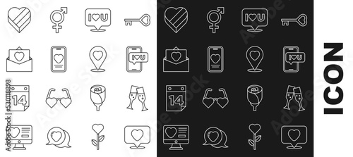 Set line Like and heart, Glass of champagne, Mobile with, Speech bubble I love you, Online dating app chat, Envelope Valentine, Candy shaped box and Location icon. Vector