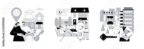 Real estate market abstract concept vector illustration set. Family house, private residence, condominium, mortgage loan, down payment, land ownership, detached home, backyard abstract metaphor.