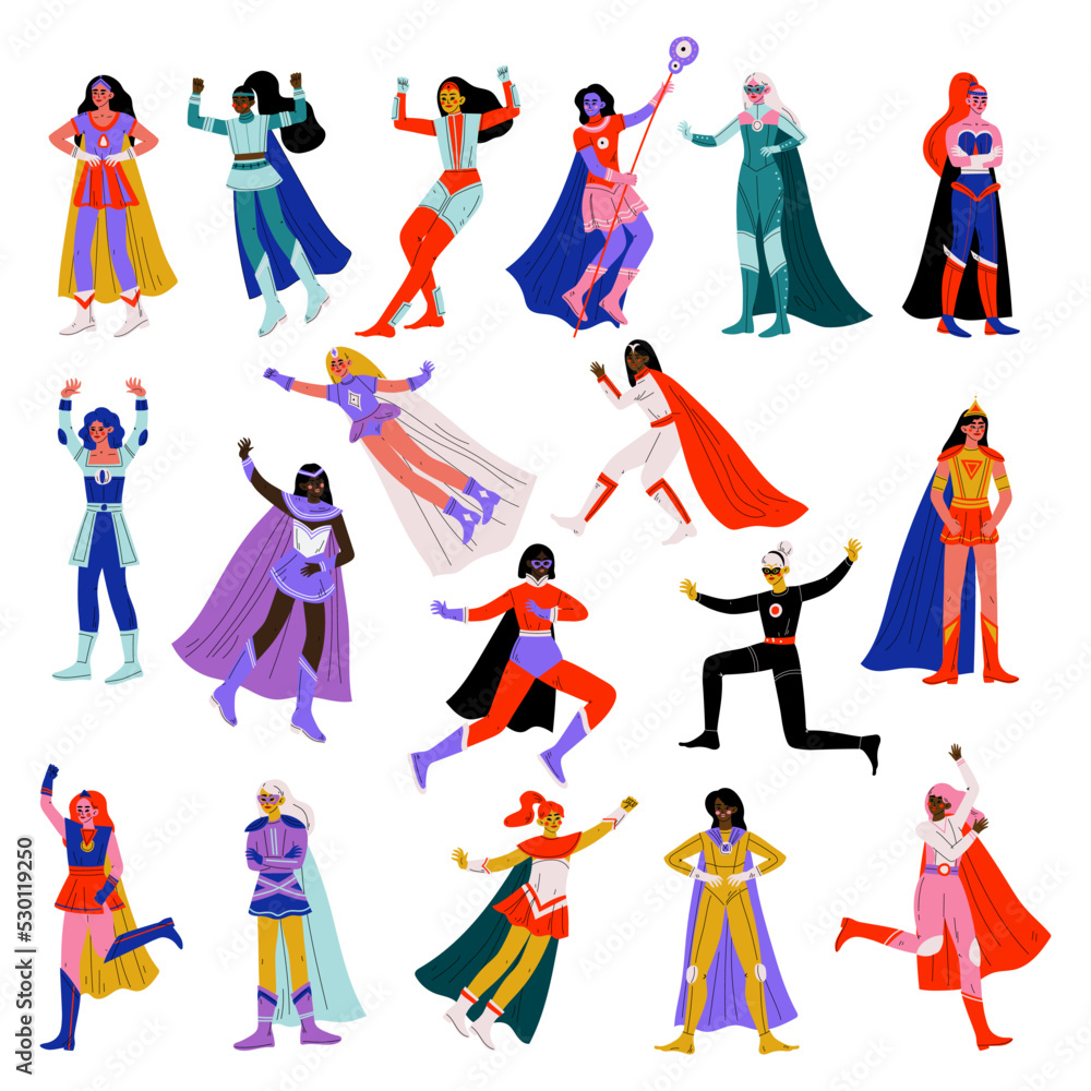 Superhero Woman Character Wearing Cloak Having Superpower Big Vector Set