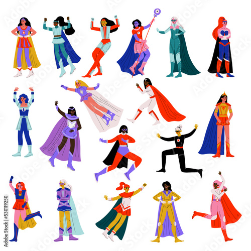Superhero Woman Character Wearing Cloak Having Superpower Big Vector Set фототапет