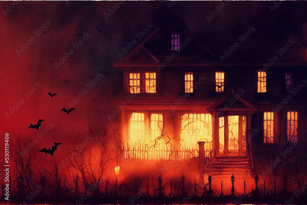 Happy Halloween background, scary creepy house in night graveyard.