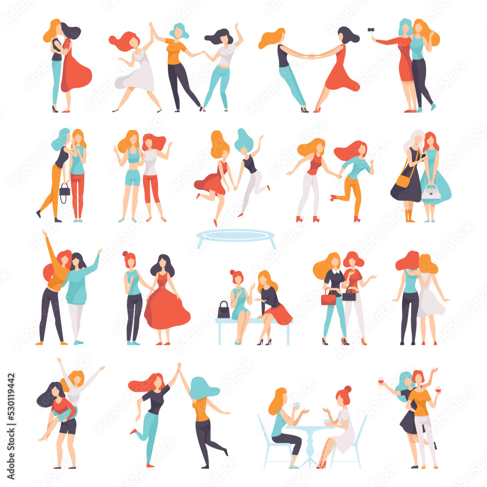Female Friend Spending Time Together Embracing and Holding Hands Big Vector Set Female Friend Spending Time Together Embracing and Holding Hands Big Vector Set