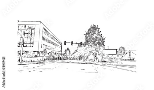 Building view with landmark of Olympia is the city in Washington State. Hand drawn sketch illustration in vector.