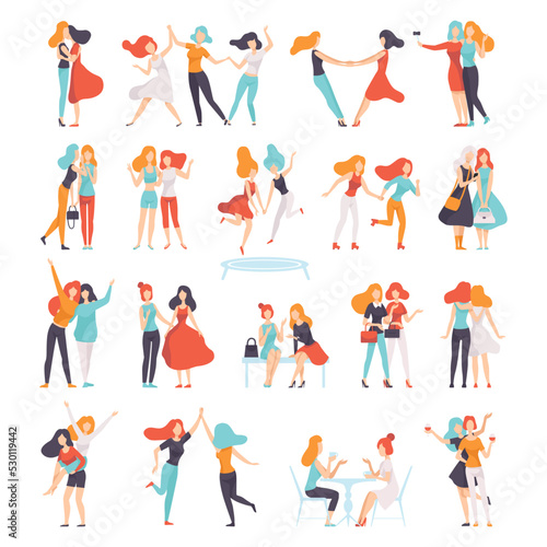 Female Friend Spending Time Together Embracing and Holding Hands Big Vector Set