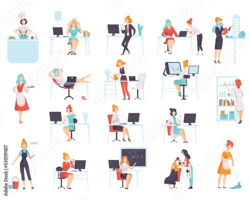 Work and Career with Woman Having Different Profession Performing Her Duty Big Vector Set