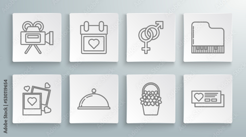 Set line Two blanks photo frames and hearts, Calendar with, Covered tray of food, Flowers in basket, Ticket, Gender, Grand piano and Cinema camera icon. Vector Set line Two blanks photo frames and hearts, Calendar with, Covered tray of food, Flowers in basket, Ticket, Gender, Grand piano and Cinema camera icon. Vector
