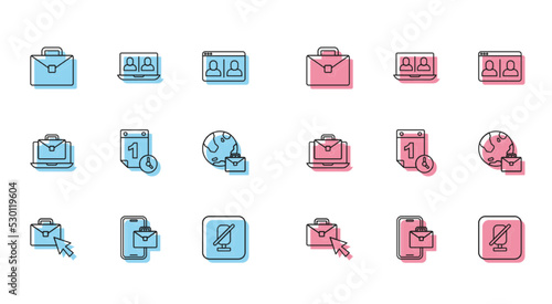 Set line Online working, Freelancer, Briefcase, Mute microphone, Time management, and Video chat conference icon. Vector