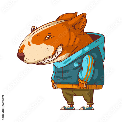An Urban Dog, isolated vector illustration. Cartoon picture of a smiling Bull Terrier wearing a casual outfit. Drawn animal sticker. An anthropomorphic dog on white background. Trendy dressed animal.