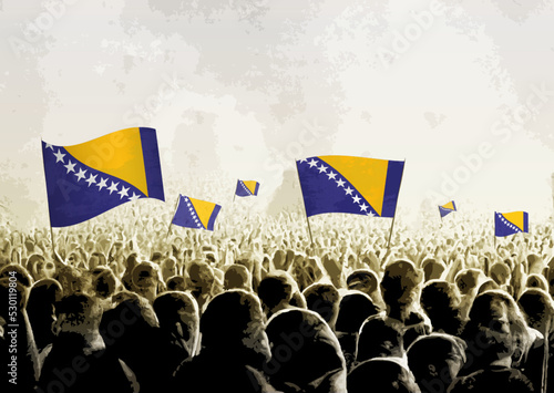Crowd with the flags of Bosnia and Herzegovina, people cheering national team of Bosnia and Herzegovina. Ai generated illustration of crowd.