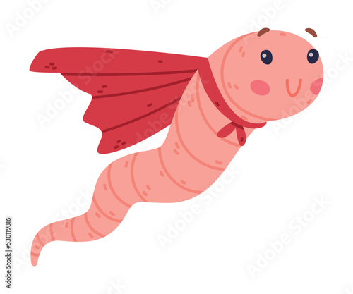 Funny Pink Worm Character with Long Body Wearing Red Cape Vector Illustration