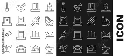 Set line Swing boat, Skate park, Roller skate, Bungee, Gymnastic rings, Shovel toy and Hopscotch icon. Vector
