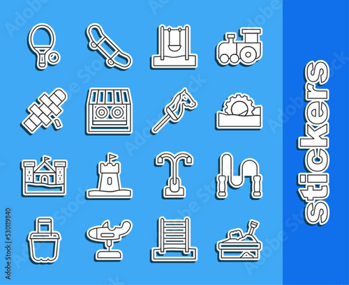 Set line Sandbox with sand, Jump rope, Ferris wheel, Swing, Shooting gallery, Hopscotch, Racket ball and Toy horse icon. Vector