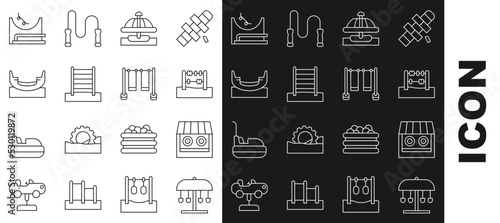 Set line Attraction carousel, Shooting gallery, Abacus, Swedish wall, Boat swing, Skate park and Double icon. Vector
