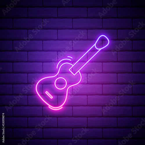 Glowing neon line Guitar icon isolated on brick wall background. Acoustic guitar. String musical instrument. Vector Illustration