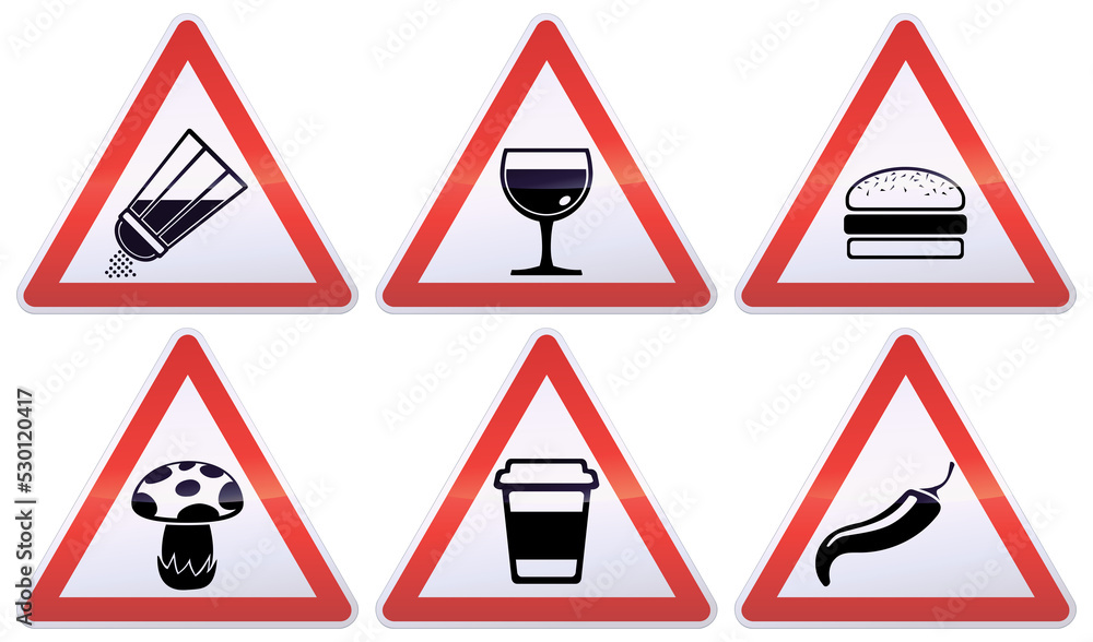 Collection of white, black and red triangular warning signs of food and