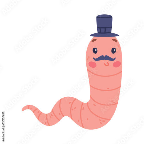 Funny Pink Worm Character with Long Tube Body in Top Hat and Mustache Vector Illustration