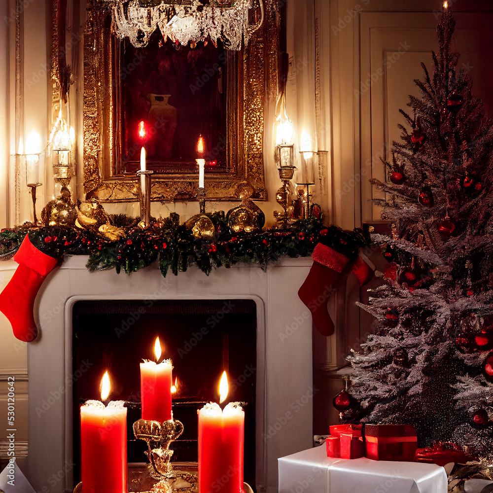 New Year and Christmas interior with a fireplace and a Christmas tree. New Year and Christmas interior with a fireplace and a Christmas tree.