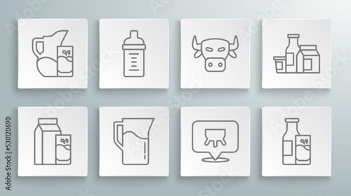 Set line Paper package for kefir, Baby milk in bottle, Milk jug pitcher, Udder, Bottle and glass, Cow head, product and icon. Vector