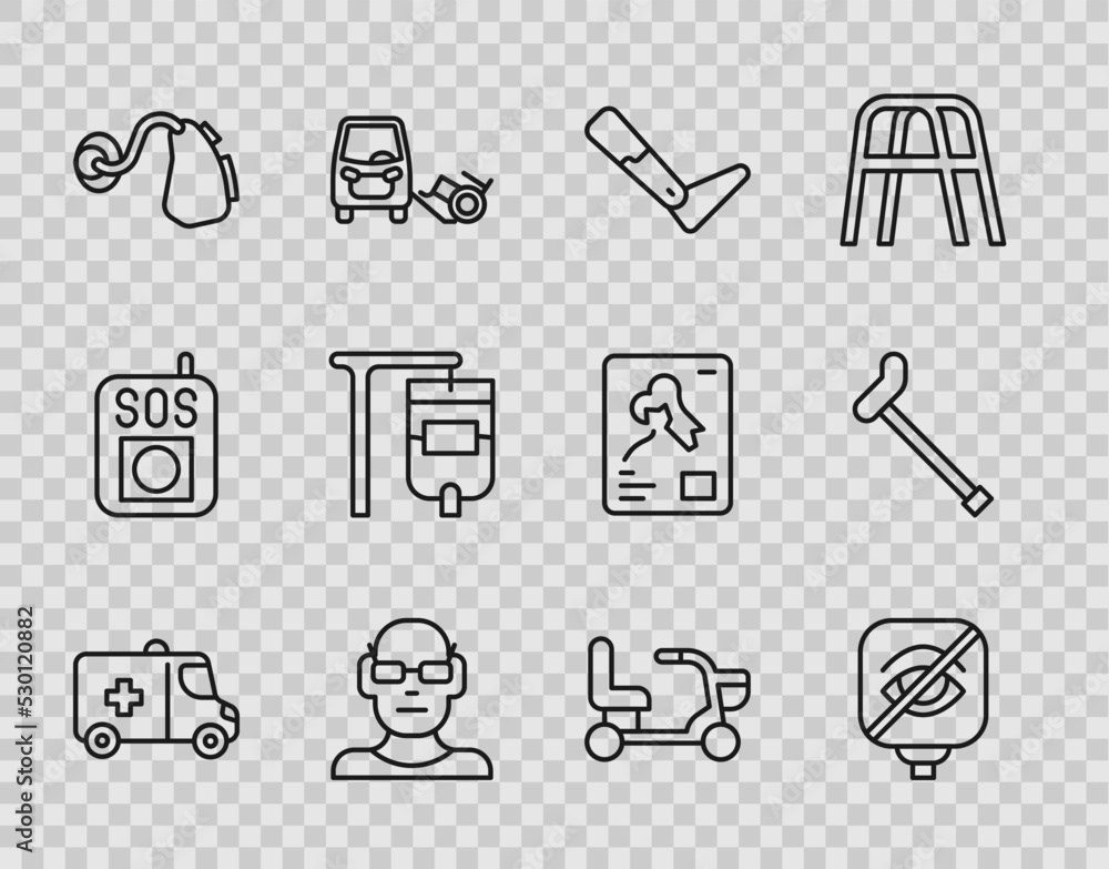 Set line Emergency car, Blindness, Prosthesis leg, Poor eyesight, Hearing aid, IV bag, Electric wheelchair and Walking stick cane icon. Vector Set line Emergency car, Blindness, Prosthesis leg, Poor eyesight, Hearing aid, IV bag, Electric wheelchair and Walking stick cane icon. Vector