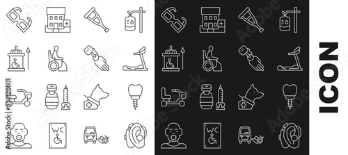 Set line Hearing aid, Dental implant, Treadmill machine, Crutch or crutches, Woman wheelchair, Elevator for disabled, Eyeglasses and Prosthesis hand icon. Vector
