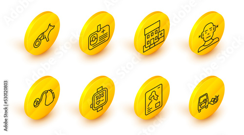 Set line Disabled car, X-ray shots, Smart watch, Hearing aid, Deaf, Medical hospital building, Identification badge and Dog wheelchair icon. Vector