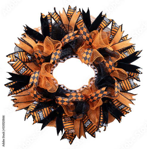 Halloween Holiday Wreath of orange and black with ribbons and bows on transparent background