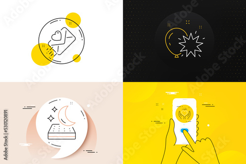 Minimal set of Love letter, Balloon dart and Mattress line icons. Phone screen, Quote banners. Hold heart icons. For web development. Heart, Attraction park, Night bed. Care love. Vector