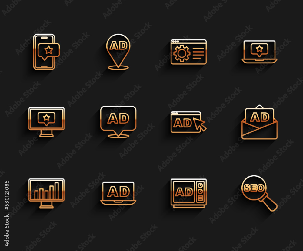 Set line Monitor with graph chart, Advertising, Mobile review rating, SEO optimization, and icon. Vector Set line Monitor with graph chart, Advertising, Mobile review rating, SEO optimization, and icon. Vector