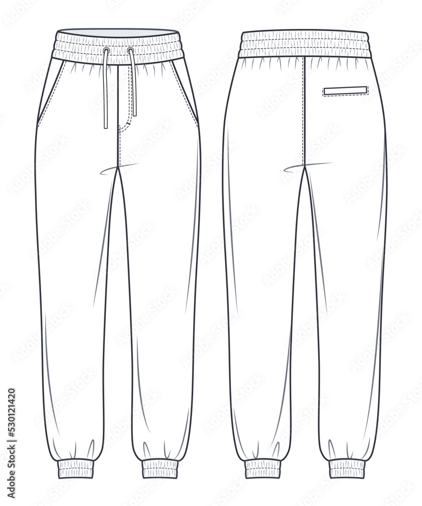 Jogger Pants fashion flat technical drawing template. Unisex Sweat Pants  technical fashion Illustration, oversize, pocket, elastic waistband, front,  back view, white, women, men, unisex CAD mockup. Stock-vektor | Adobe Stock