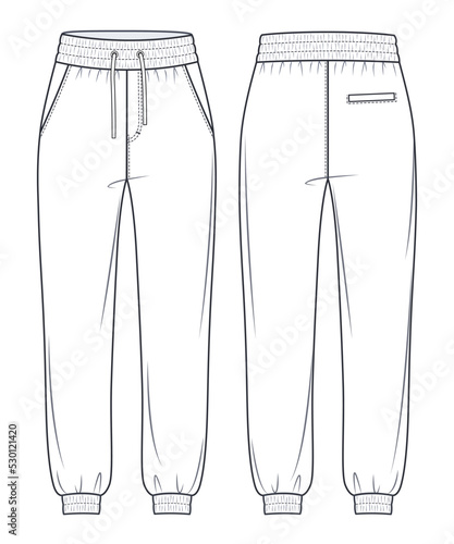 Jogger Pants fashion flat technical drawing template. Unisex Sweat Pants technical fashion Illustration, oversize, pocket, elastic waistband, front, back view, white, women, men, unisex CAD mockup.