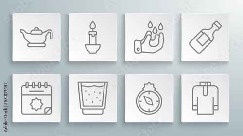 Set line Ramadan calendar, Burning candle, Glass with water, Qibla, Shirt kurta, Wudhu, Bottle of and Oil lamp icon. Vector