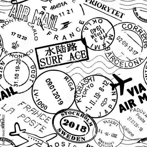 Vector seamless pattern cancellation and other postal stamps from different countries black on white background