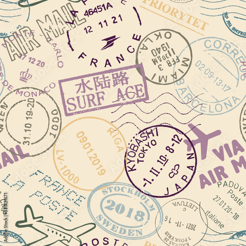 Vector seamless pattern cancellation and other postal stamps of different countries color on beige background