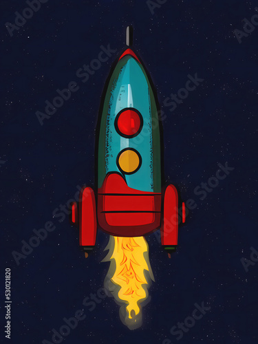 A rocket flying into a starry universe, with a huge flame coming out of the bottom. Vertical orientation, retro vintage comic or cartoon style. 