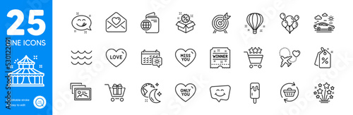 Outline icons set. Waves, Car travel and Yummy smile icons. Sleep, Photo album, Refresh cart web elements. Only you, Love, Miss you signs. Circus, Love letter, Honeymoon travel. Sale. Vector