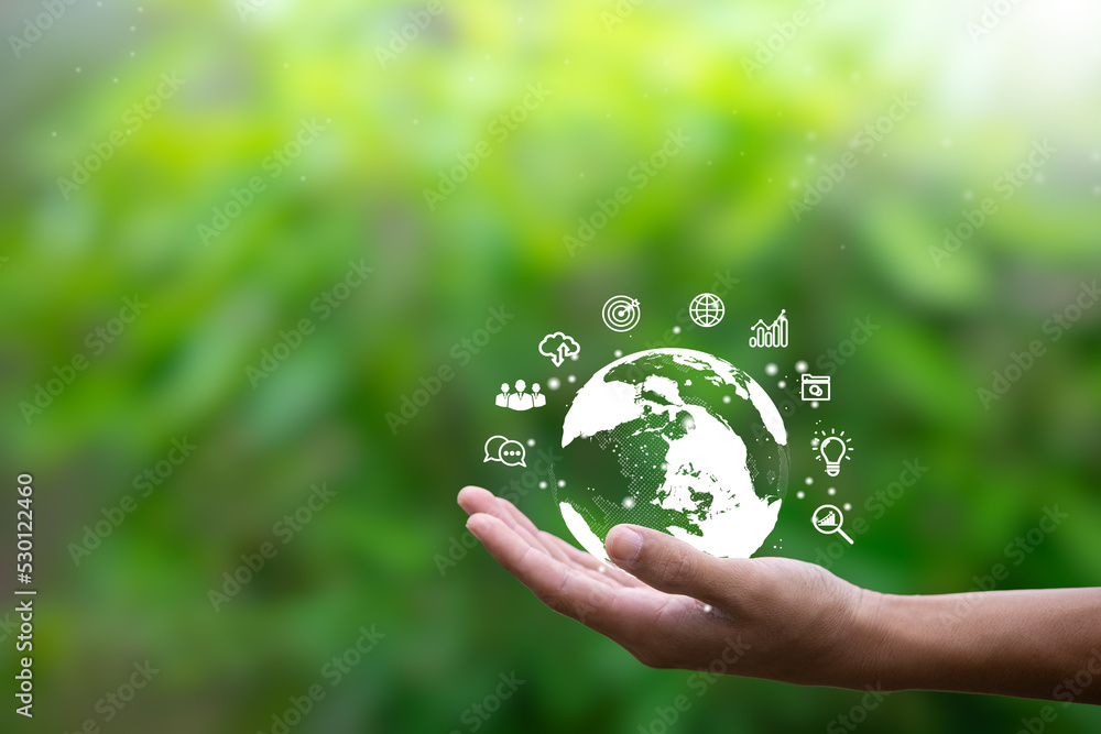 Ecology and environment sustainable concept. Hand of man holding globe and application to connect to the world network