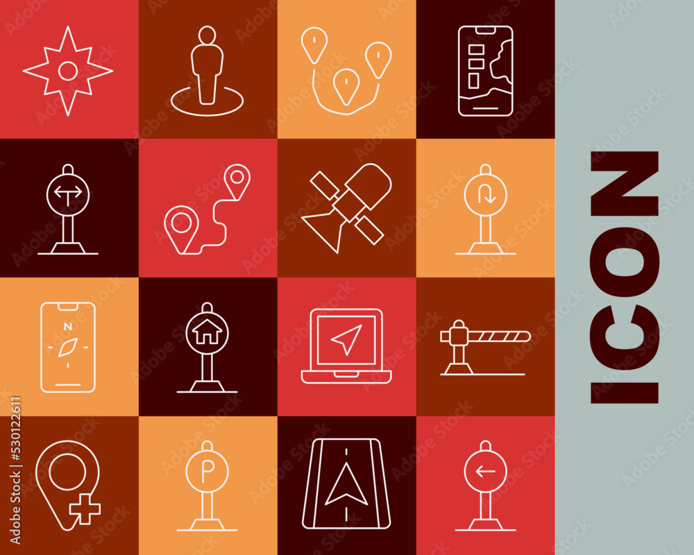 Set line Traffic sign turn left, Parking car barrier, Turn back road, Route location, Fork the, Wind rose and Satellite icon. Vector Set line Traffic sign turn left, Parking car barrier, Turn back road, Route location, Fork the, Wind rose and Satellite icon. Vector