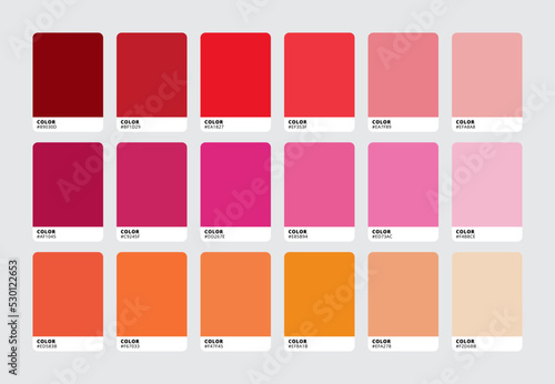 Modern color palette swatch set. Trendy orange pink red colour catalog samples. Vector illustration