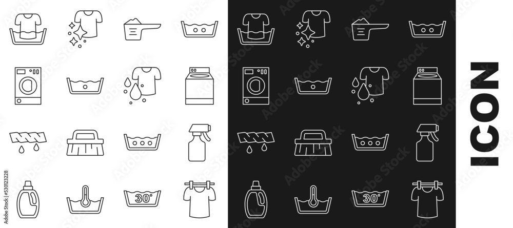 Set line Drying clothes, Water spray bottle, Washer, Washing powder, Temperature wash, Basin with shirt and Dirty t-shirt icon. Vector Set line Drying clothes, Water spray bottle, Washer, Washing powder, Temperature wash, Basin with shirt and Dirty t-shirt icon. Vector